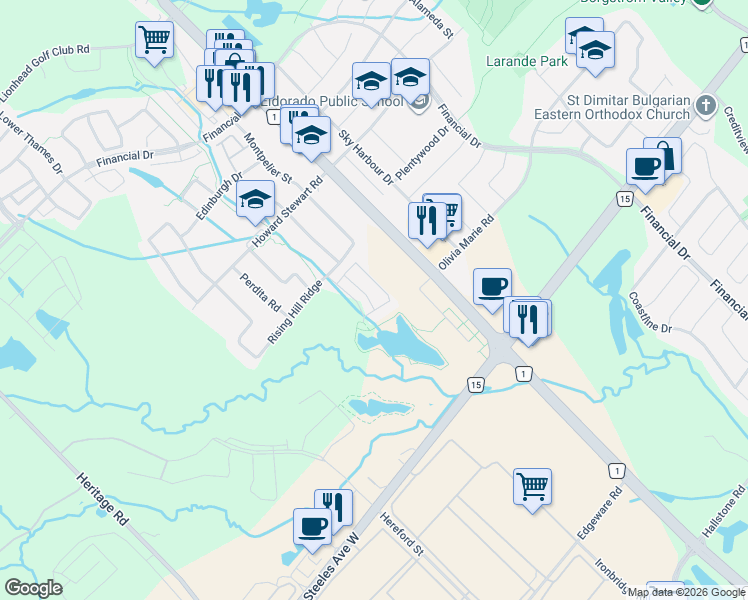 map of restaurants, bars, coffee shops, grocery stores, and more near 1 Beckenrose Court in Brampton