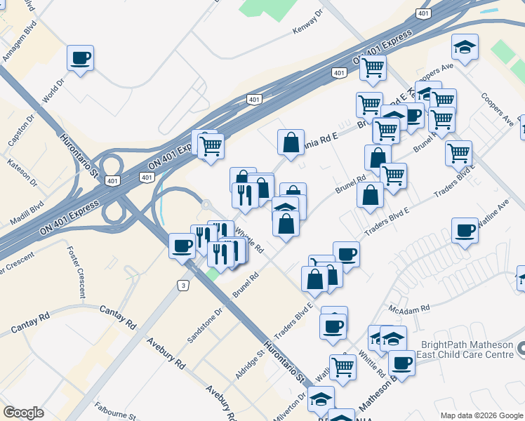 map of restaurants, bars, coffee shops, grocery stores, and more near 150 Britannia Road East in Mississauga