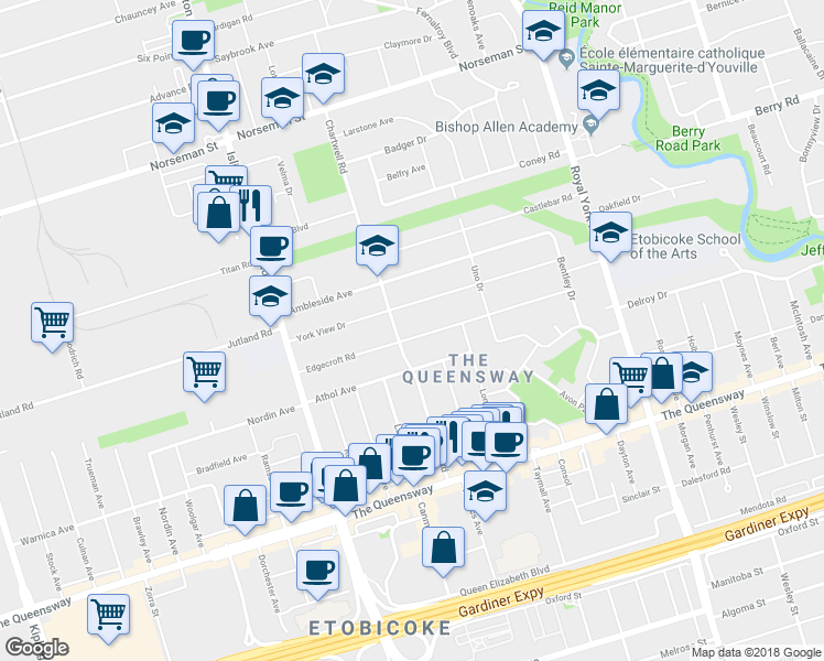 map of restaurants, bars, coffee shops, grocery stores, and more near 78 Edgecroft Road in Toronto