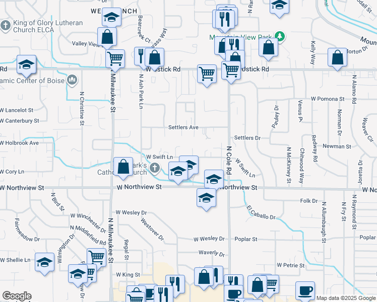 map of restaurants, bars, coffee shops, grocery stores, and more near 2646 North Westminster Place in Boise