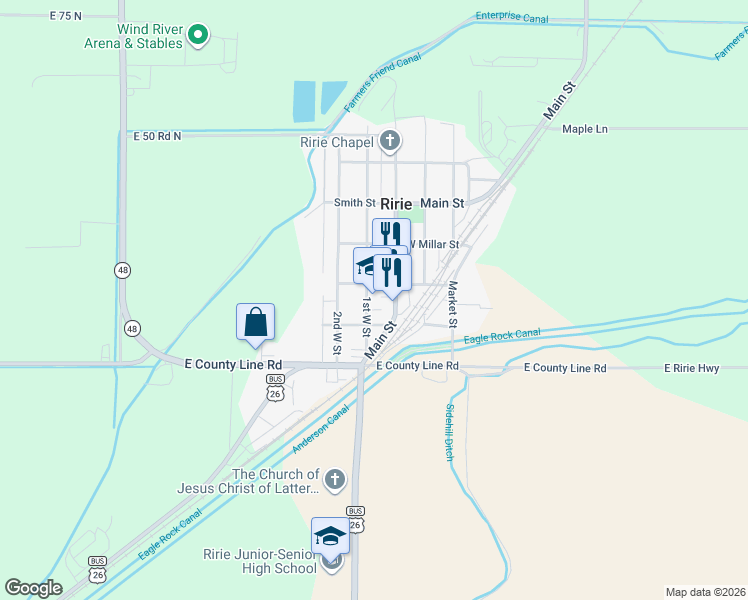 map of restaurants, bars, coffee shops, grocery stores, and more near 260 1st West Street in Ririe