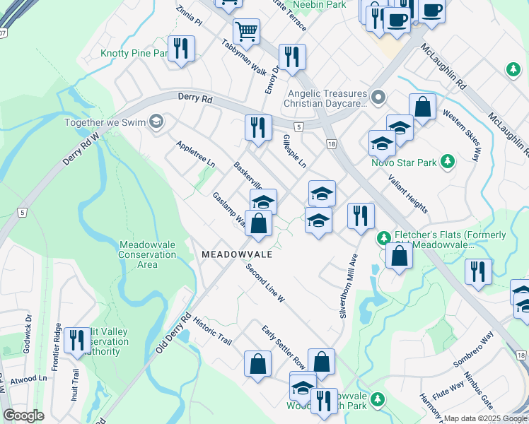 map of restaurants, bars, coffee shops, grocery stores, and more near 7009 Lessard Lane in Mississauga