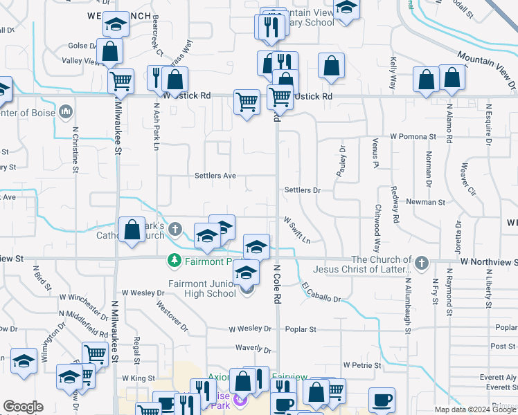 map of restaurants, bars, coffee shops, grocery stores, and more near 7479 West Holbrook Lane in Boise