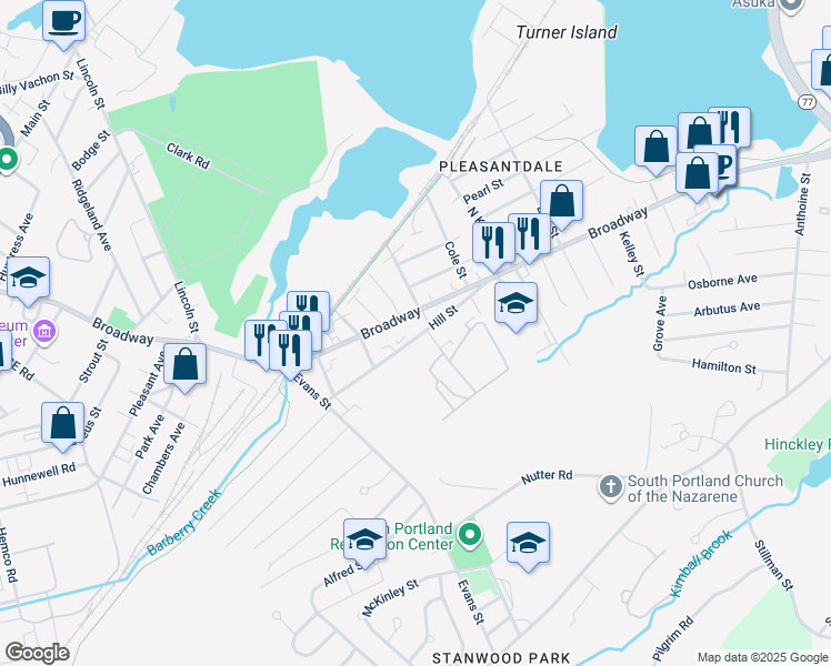 map of restaurants, bars, coffee shops, grocery stores, and more near 1024 Broadway in South Portland
