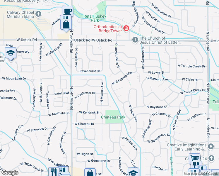map of restaurants, bars, coffee shops, grocery stores, and more near 2661 North Old Stone Way in Meridian