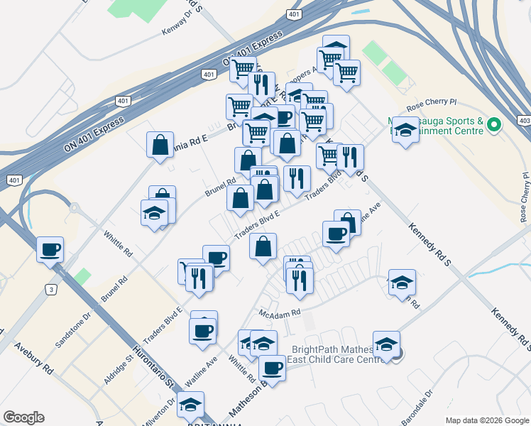 map of restaurants, bars, coffee shops, grocery stores, and more near 315 Traders Boulevard East in Mississauga