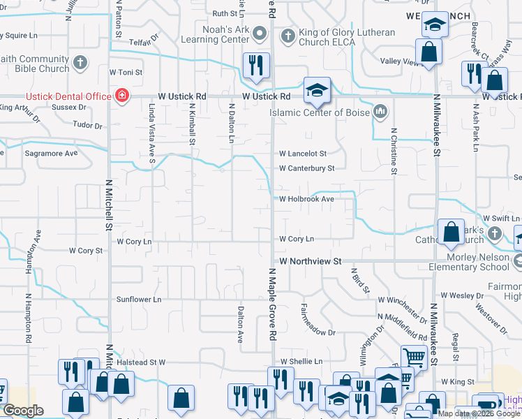 map of restaurants, bars, coffee shops, grocery stores, and more near 2659 North Maple Grove Road in Boise