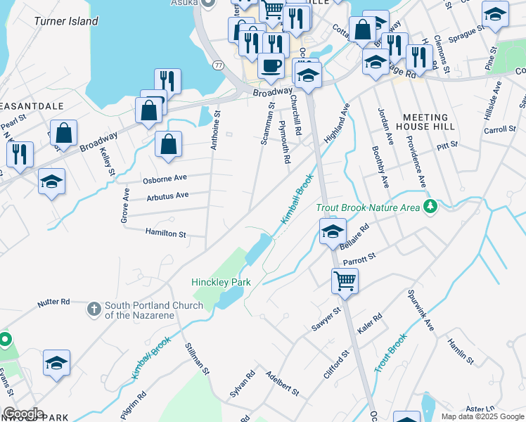 map of restaurants, bars, coffee shops, grocery stores, and more near 146 Scamman Street in South Portland