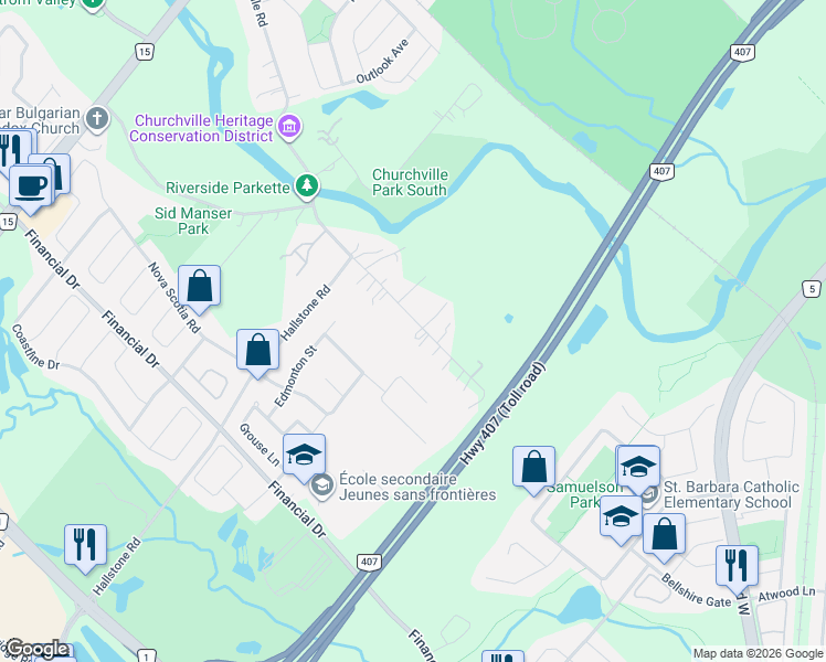 map of restaurants, bars, coffee shops, grocery stores, and more near 7596 Creditview Road in Brampton