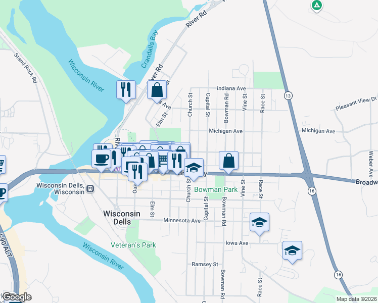 map of restaurants, bars, coffee shops, grocery stores, and more near Wisconsin Avenue in Wisconsin Dells