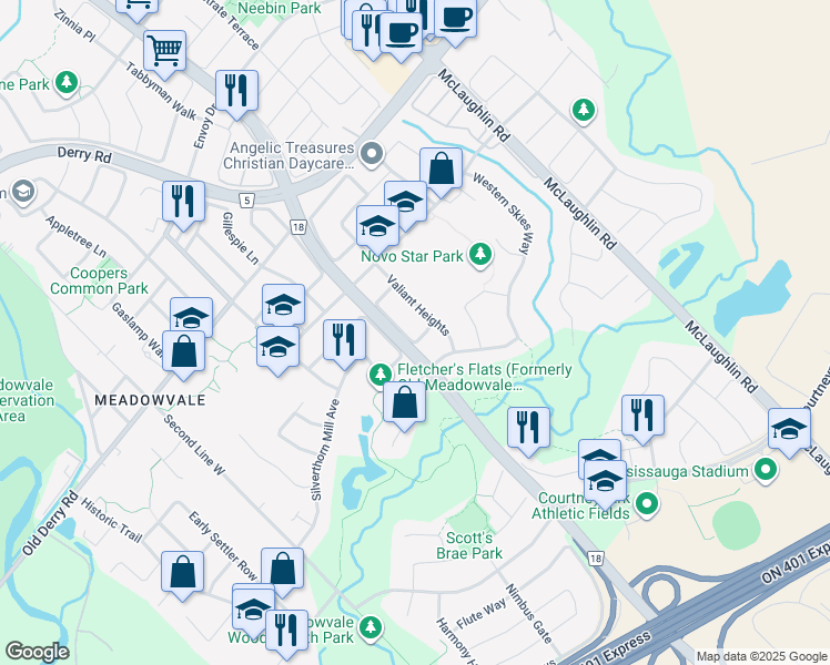 map of restaurants, bars, coffee shops, grocery stores, and more near 6547 Song Bird Crescent in Mississauga