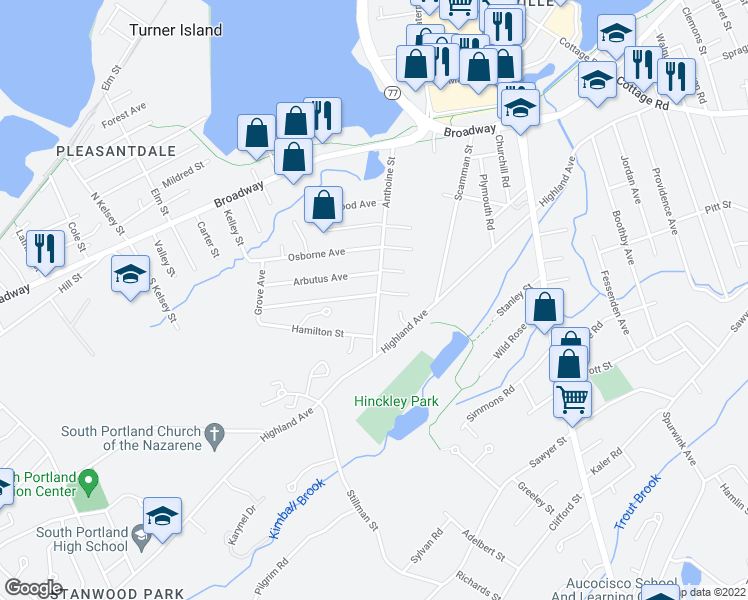 map of restaurants, bars, coffee shops, grocery stores, and more near 143 Anthoine Street in South Portland