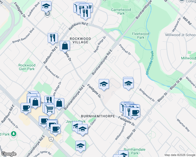 map of restaurants, bars, coffee shops, grocery stores, and more near 1728 Pickmere Court in Mississauga