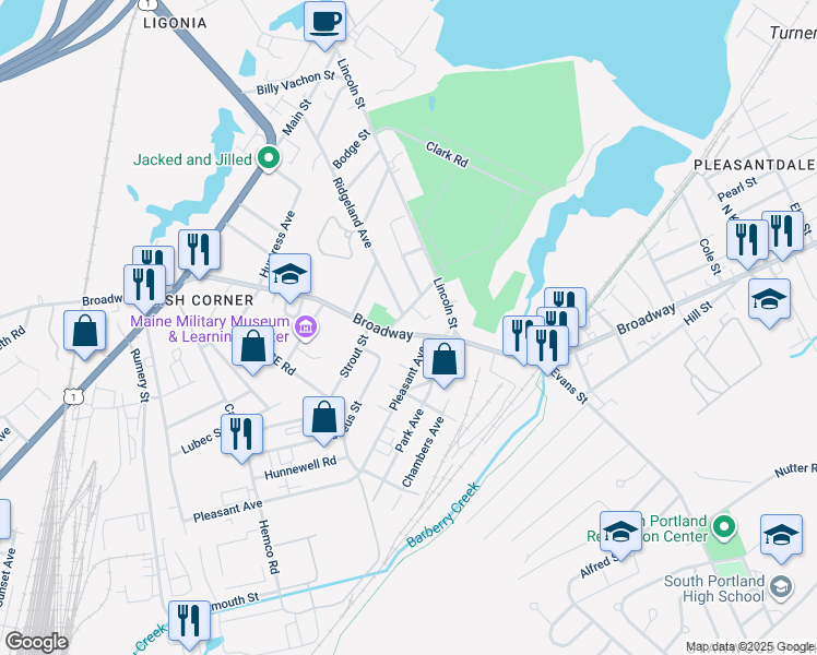 map of restaurants, bars, coffee shops, grocery stores, and more near 1233 Broadway in South Portland