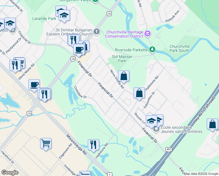 map of restaurants, bars, coffee shops, grocery stores, and more near 22 Jacob Brill Crescent in Brampton