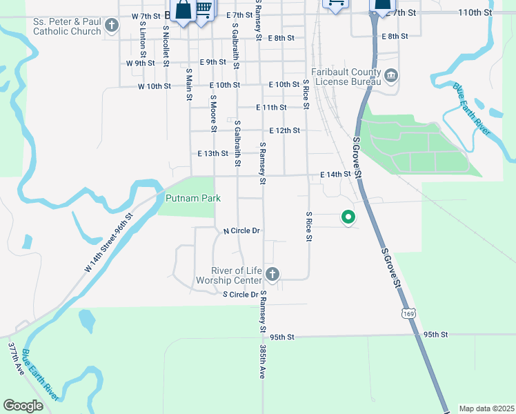 map of restaurants, bars, coffee shops, grocery stores, and more near 1020 South Ramsey Street in Blue Earth
