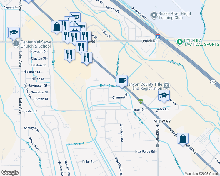 map of restaurants, bars, coffee shops, grocery stores, and more near 4605 Catherine Ave in Caldwell