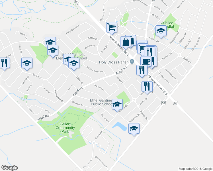 map of restaurants, bars, coffee shops, grocery stores, and more near 93 Lauchlin Crescent in Halton Hills