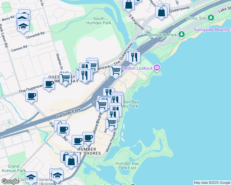 map of restaurants, bars, coffee shops, grocery stores, and more near 2111 Lake Shore Boulevard West in Toronto