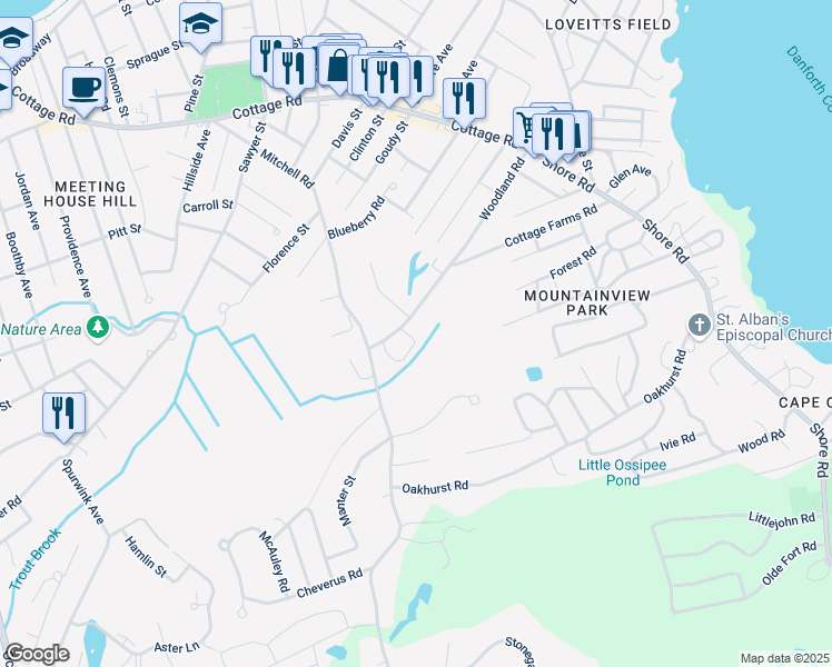 map of restaurants, bars, coffee shops, grocery stores, and more near 60 Woodland Road in Cape Elizabeth