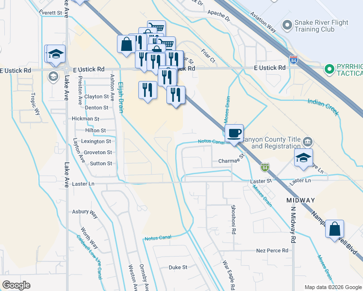 map of restaurants, bars, coffee shops, grocery stores, and more near 4503 Julie Street in Caldwell