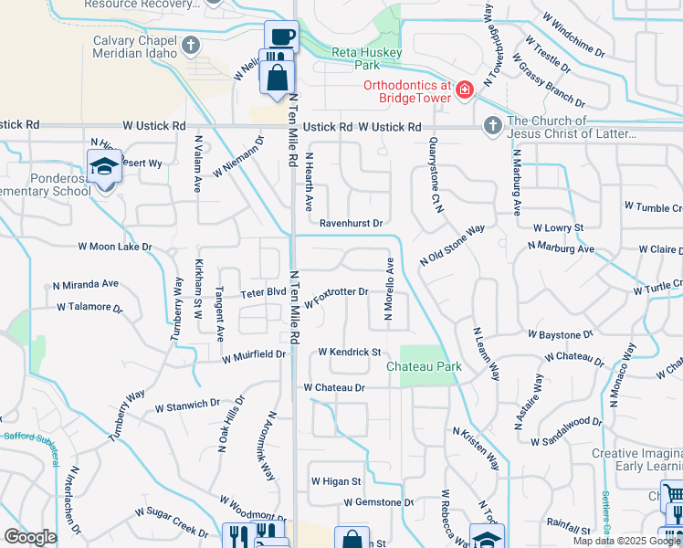 map of restaurants, bars, coffee shops, grocery stores, and more near 3021 West Fieldstream Drive in Meridian