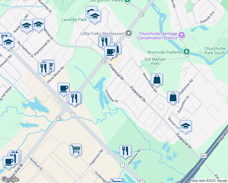 map of restaurants, bars, coffee shops, grocery stores, and more near Mediterranean Crescent in Brampton