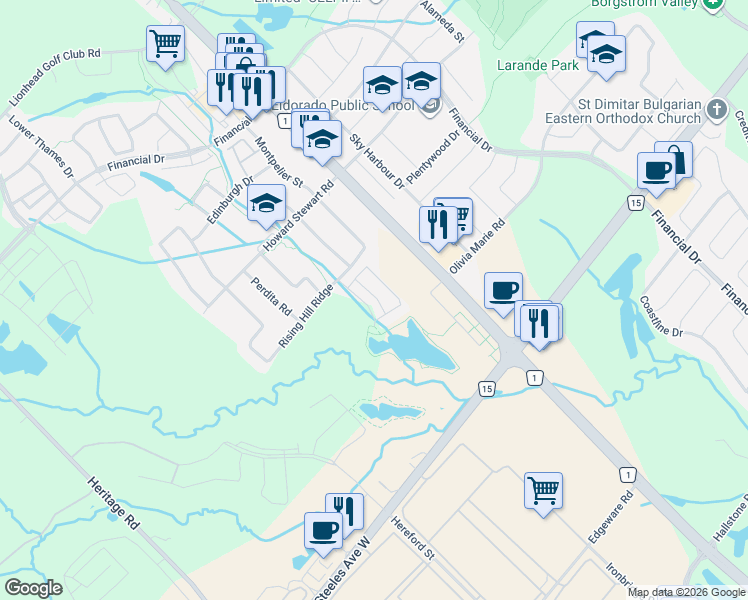 map of restaurants, bars, coffee shops, grocery stores, and more near 94 Beckenrose Court in Brampton