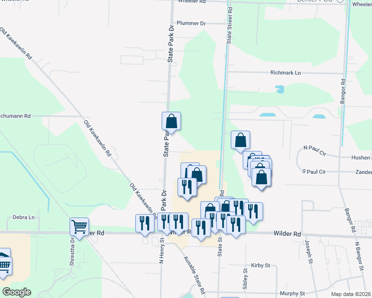 map of restaurants, bars, coffee shops, grocery stores, and more near 3999 Ferris Drive in Bay City