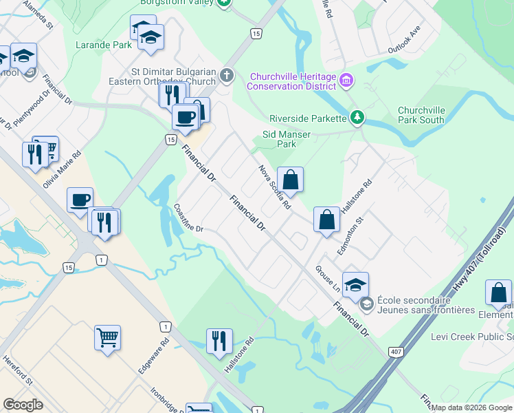 map of restaurants, bars, coffee shops, grocery stores, and more near 22 Jacob Brill Crescent in Brampton