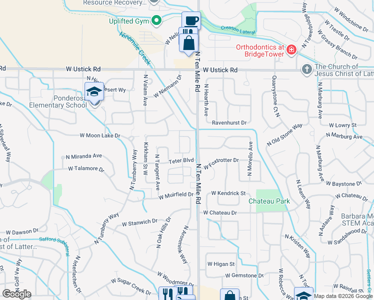 map of restaurants, bars, coffee shops, grocery stores, and more near 2633 North Aronmink Lane in Meridian