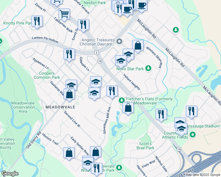 map of restaurants, bars, coffee shops, grocery stores, and more near 883 Golden Farmer Way in Mississauga