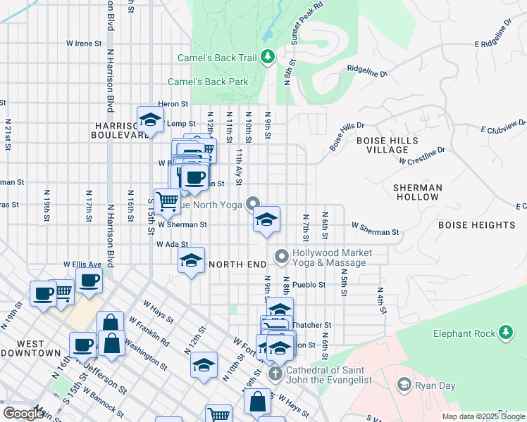 map of restaurants, bars, coffee shops, grocery stores, and more near 1615 North 9th Street in Boise