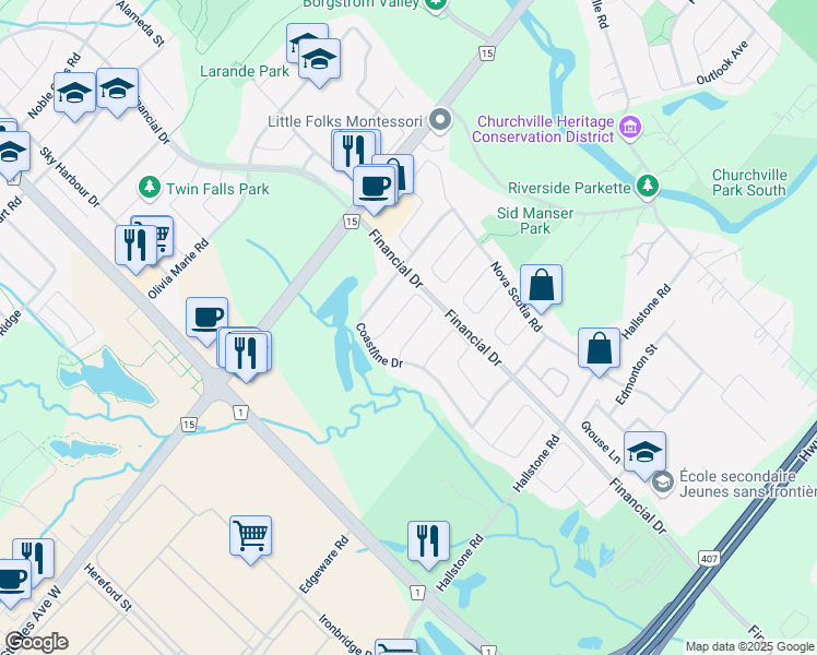 map of restaurants, bars, coffee shops, grocery stores, and more near 43 Mediterranean Crescent in Brampton