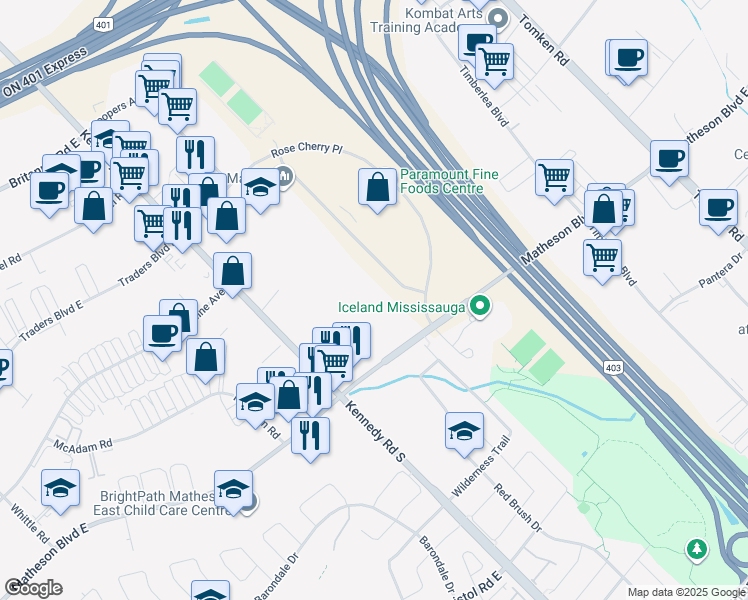 map of restaurants, bars, coffee shops, grocery stores, and more near 570 Matheson Boulevard East in Mississauga
