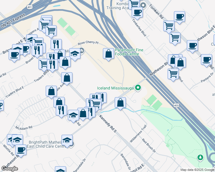 map of restaurants, bars, coffee shops, grocery stores, and more near 570 Matheson Boulevard East in Mississauga