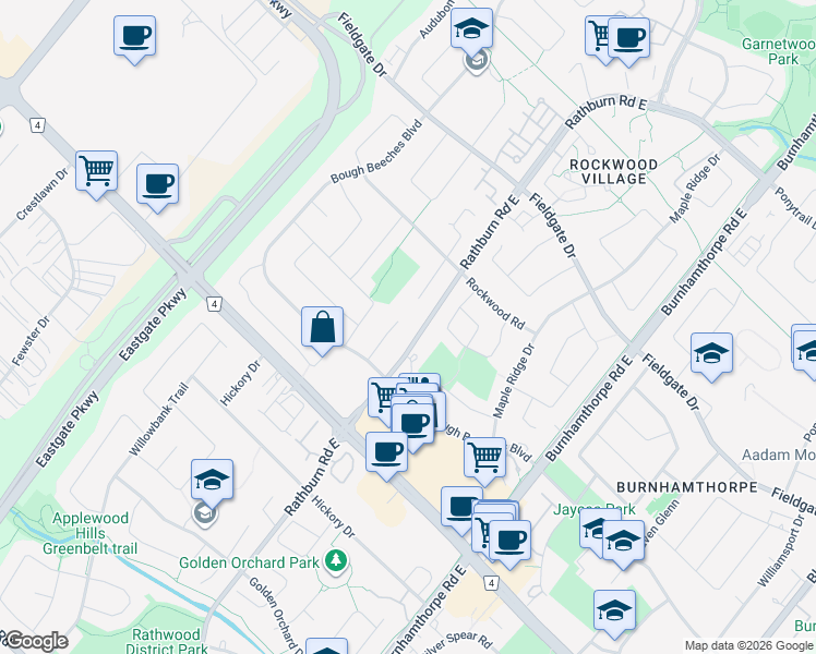 map of restaurants, bars, coffee shops, grocery stores, and more near 1520 Grazia Court in Mississauga