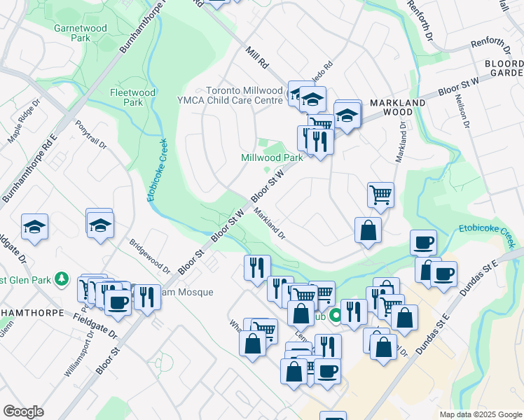 map of restaurants, bars, coffee shops, grocery stores, and more near 240 Markland Drive in Toronto