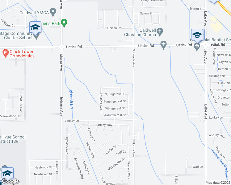 map of restaurants, bars, coffee shops, grocery stores, and more near 2623 Springcrest Street in Caldwell