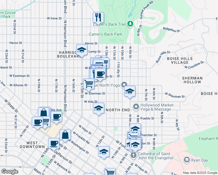 map of restaurants, bars, coffee shops, grocery stores, and more near 1119 West Alturas Street in Boise