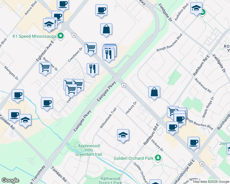 map of restaurants, bars, coffee shops, grocery stores, and more near in Mississauga