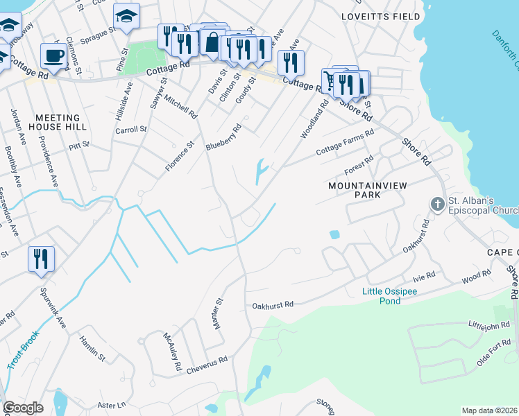 map of restaurants, bars, coffee shops, grocery stores, and more near 60 Woodland Road in Cape Elizabeth