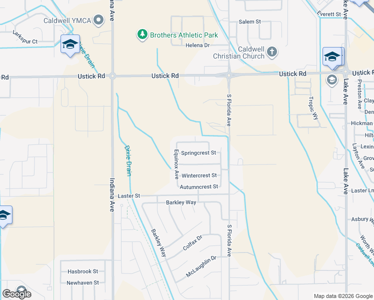 map of restaurants, bars, coffee shops, grocery stores, and more near 2519 Springcrest Street in Caldwell