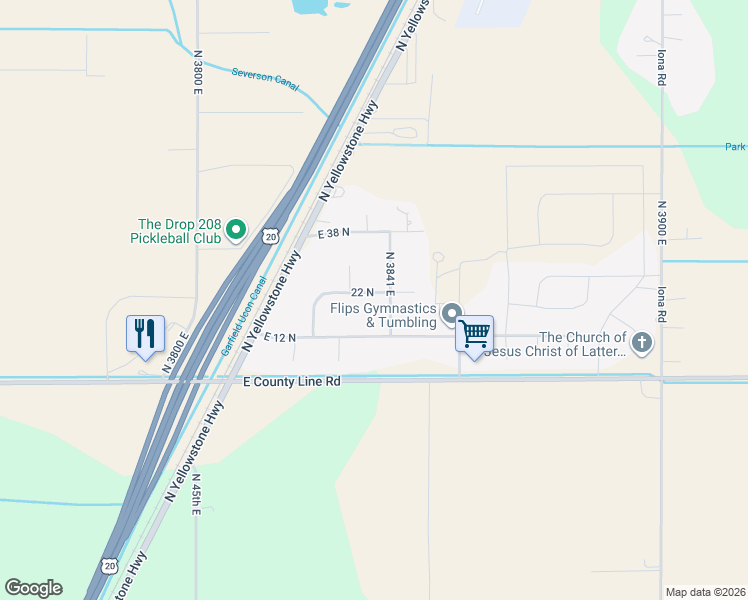 map of restaurants, bars, coffee shops, grocery stores, and more near 3836 East 22 North in Rigby