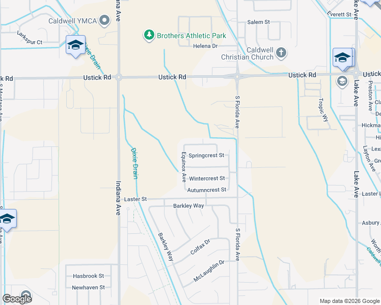 map of restaurants, bars, coffee shops, grocery stores, and more near 2519 Springcrest Street in Caldwell