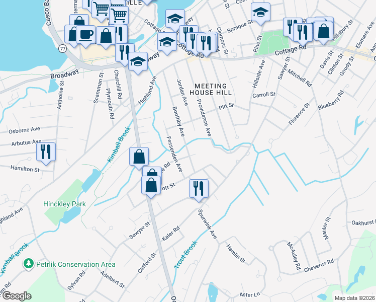 map of restaurants, bars, coffee shops, grocery stores, and more near 156 Boothby Avenue in South Portland