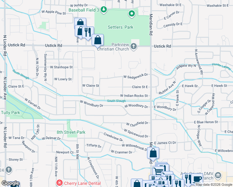 map of restaurants, bars, coffee shops, grocery stores, and more near 378 West Indian Rocks Street in Meridian