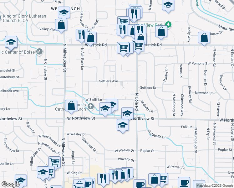 map of restaurants, bars, coffee shops, grocery stores, and more near 2646 North Westminster Place in Boise