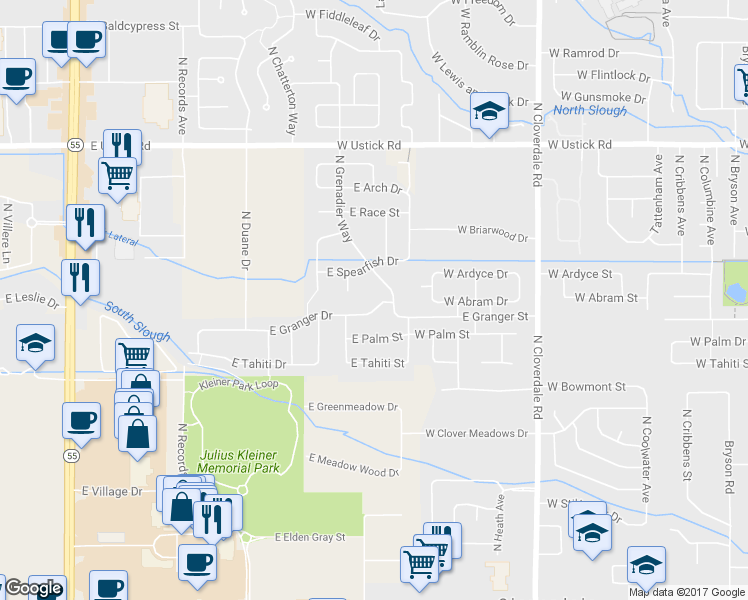 map of restaurants, bars, coffee shops, grocery stores, and more near 4248 East Granger Drive in Meridian