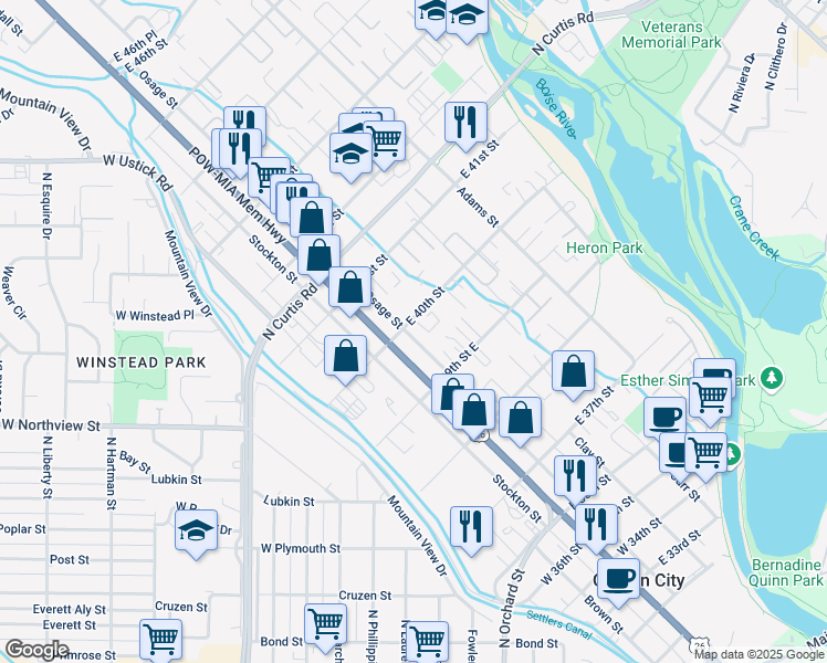 map of restaurants, bars, coffee shops, grocery stores, and more near 107 East 40th Street in Boise